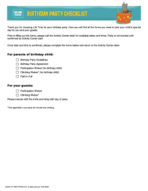 Life Time Birthday Party Agreement and Waiver