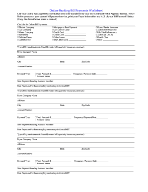 Online Banking Bill Payments Worksheet
