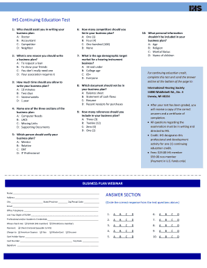 IHS Continuing Education Test 1: Who should assist you in writing your business plan: A: Doctor B: Accountant C: Competitor D: Neighbor 6: How many competitors should you list in your business plan - ihsinfo