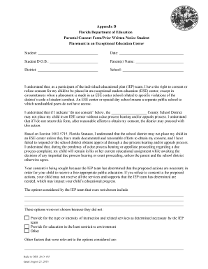 Florida Parental Consent Form for ESE Center Placement