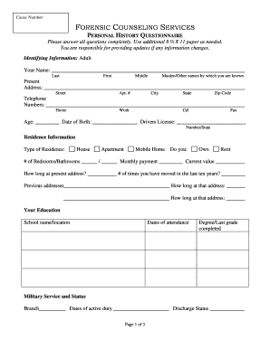 Forensic Counseling Services Personal History Questionnaire
