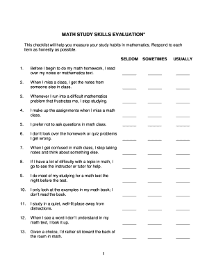 Math Study Skills Evaluation