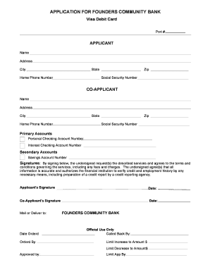 Founders Community Bank Visa Debit Card Application