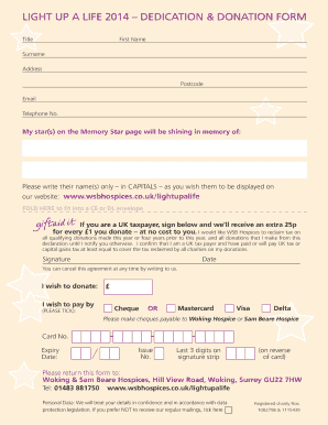 Light Up a Life 2014 Dedication and Donation Form