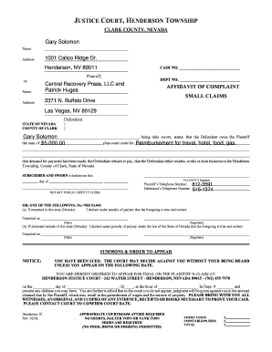 Nevada Small Claims Affidavit of Complaint