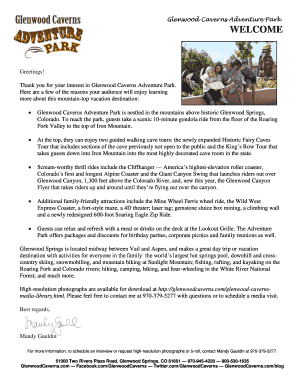 Media Welcome Letter Introductory Letter to Media about Glenwood Caverns Adventure Park Glenwood Springs Colorado