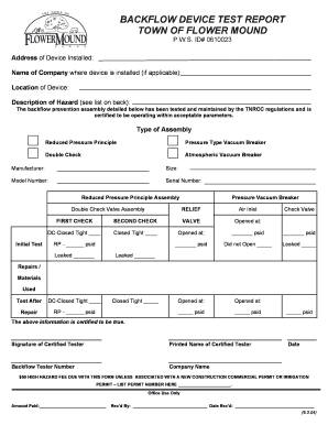 BACKFLOW DEVICE TEST REPORT TOWN OF FLOWER MOUND