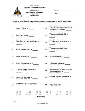 Math Worksheet: Negative Numbers