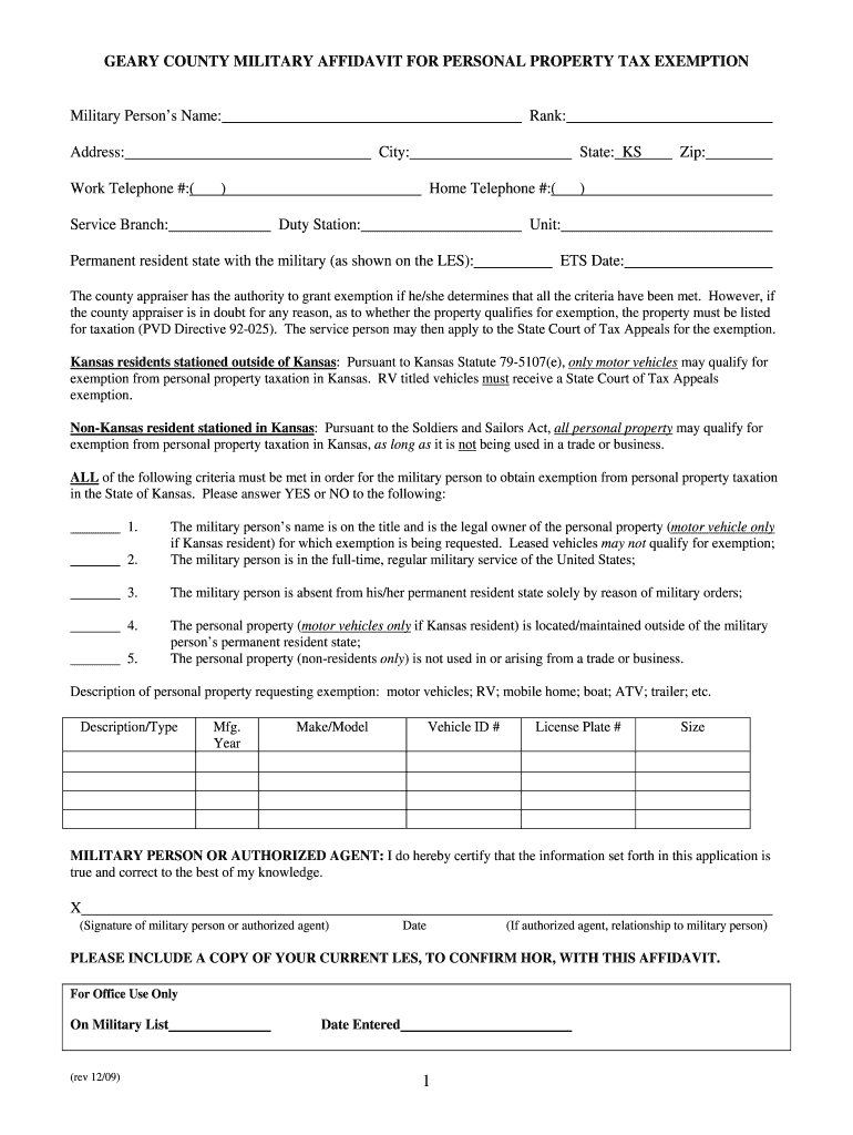 Fillable Online GEARY COUNTY MILITARY AFFIDAVIT FOR PERSONAL PROPERTY