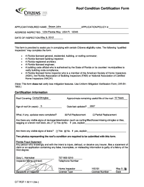Roof Condition Certification Form