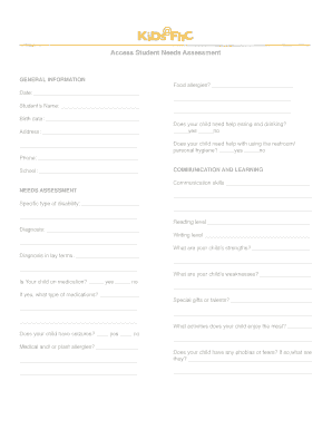 Student Needs Assessment Form