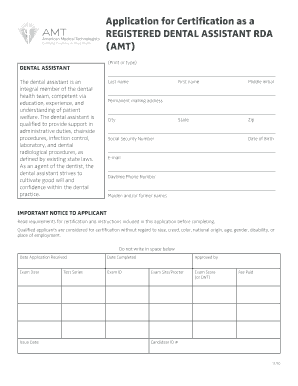 Application for Certification as a Registered Dental Assistant RDA