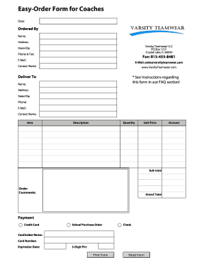 Varsity Teamwear Order Form