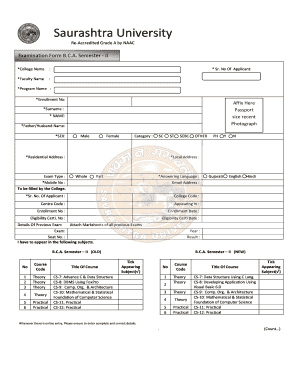 Saurashtra University BCA Semester II Exam Form