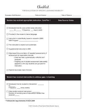 Specific Learning Disability Evaluation Checklist