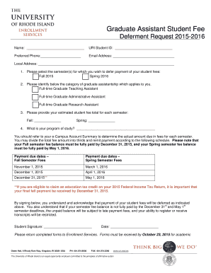 Graduate Assistant Student Fee Deferment Request