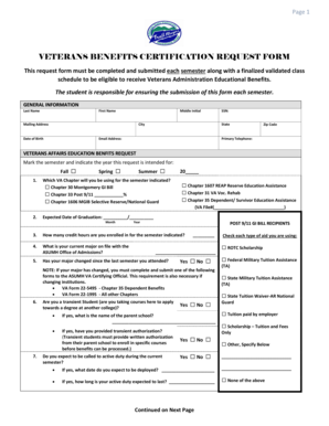 Veterans Benefits Certification Request Form