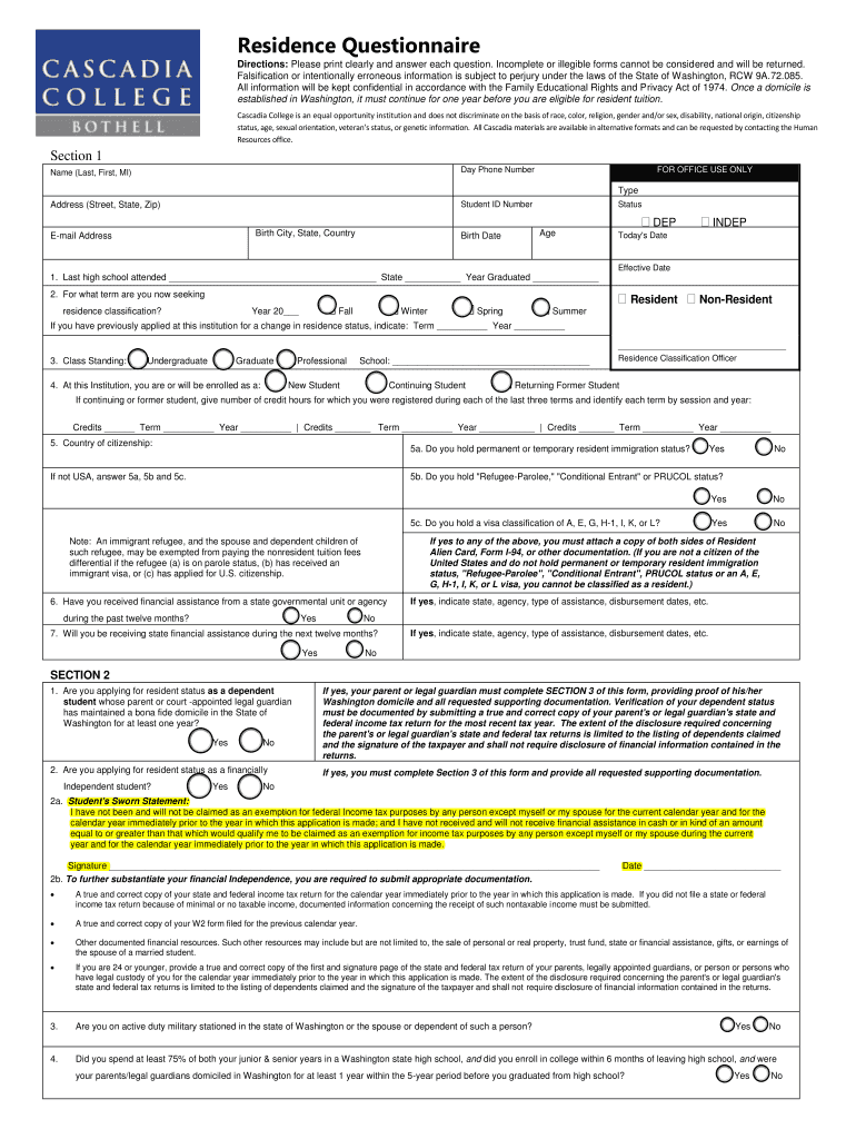Fillable Online cascadia Residence Questionnaire Cascadia College Fax
