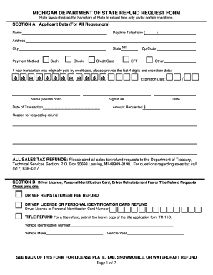 Michigan Department of State Refund Request Form