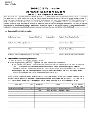 2015–2016 Verification Worksheet Dependent Student