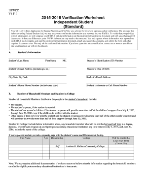 2015-2016 Verification Worksheet for Independent Students