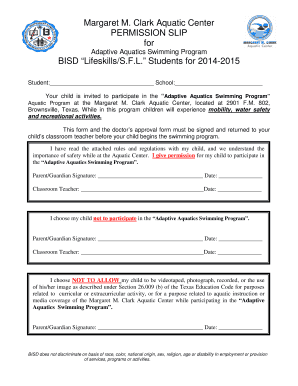 Margaret M Clark Aquatic Center PERMISSION SLIP for