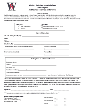 Walters State Community College Direct Deposit Authorization