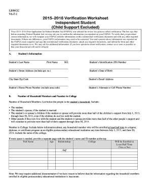 2015–2016 Verification Worksheet for Independent Students