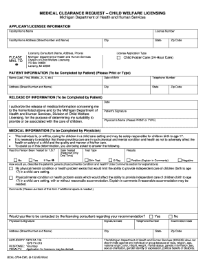 Medical Clearance Request for Child Welfare Licensing