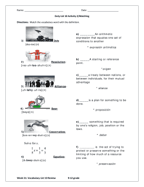 Vocabulary Matching Worksheet