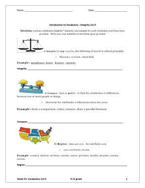 Vocabulary Worksheet - Integrity List 9