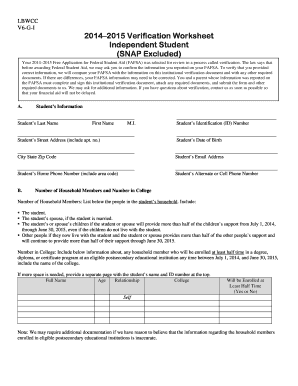 2014–2015 Verification Worksheet for Independent Students