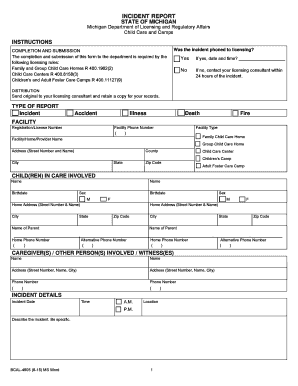 Michigan Incident Report for Child Care Facilities