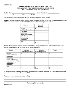 Dependent Student Proof of Income and Tax Filing Declaration