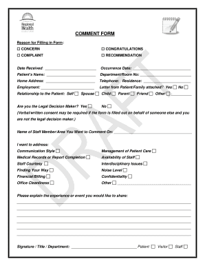 Healthcare Comment Form
