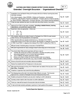 Hastings and Prince Edward School Board Excursion Checklist