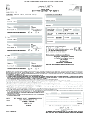 CNA Surety Bond Application Form 10-E