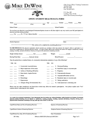 Ohio Peace Officer Training Commission Student Health Data Form