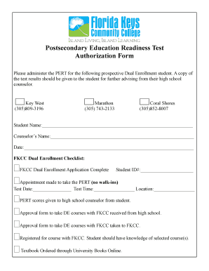 Postsecondary Education Readiness Test Authorization Form