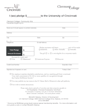 University of Cincinnati Donation Pledge Form