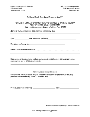 Child and Adult Care Food Program Milk Substitution Request