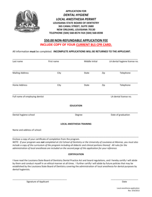 Louisiana Dental Hygiene Local Anesthesia Permit Application