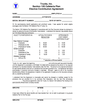 Trucks Inc Section 125 Cafeteria Plan Agreement