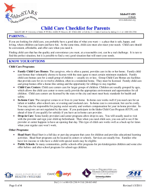 Child Care Checklist for Parents