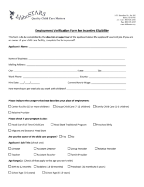 Employment Verification Form for Incentive Eligibility