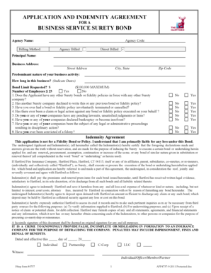 Business Service Surety Bond Application and Indemnity Agreement