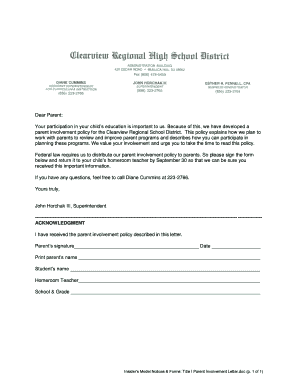 Title I Parent Involvement Letter