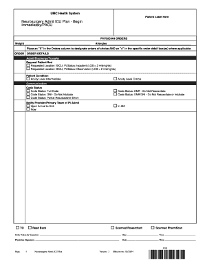 Neurosurgery Admit ICU Plan