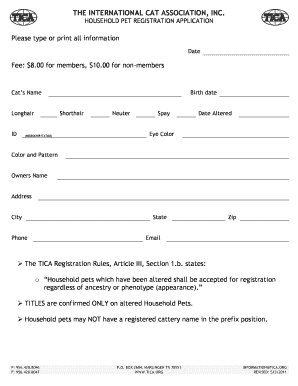 TICA Household Pet Registration Application