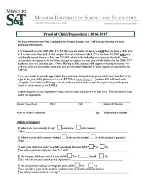 Student Financial Assistance Proof of Child/Dependent Form
